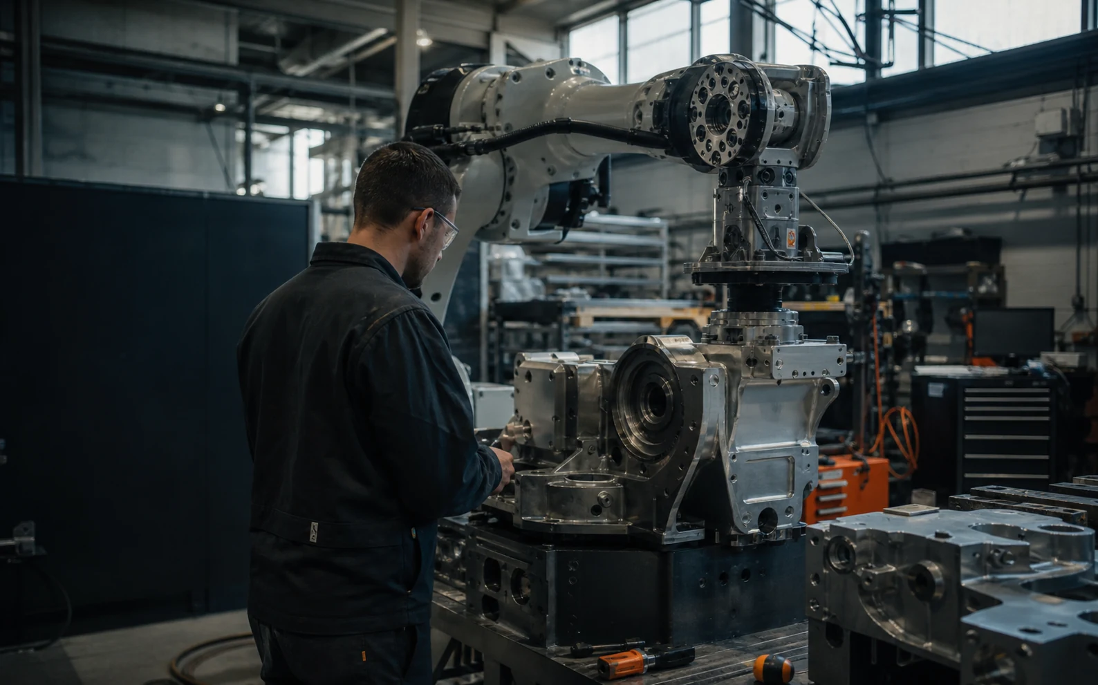 Engineer inspecting industrial robotic equipment in a fabrication workshop